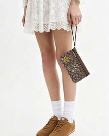 Coach Double Zip Wallet 20 Women's Double Zipper Wristlet Wallet Clutch Bag Signature Print Coin Purse With Wrist Strap - Brown - View 6