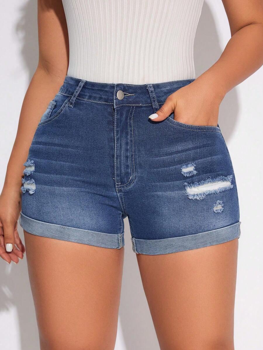 Pantalones Cortos De Mezclilla Desgastados Con Dobladillo Enrollado Para Mujer - Azul lavado oscuro - Ver 1