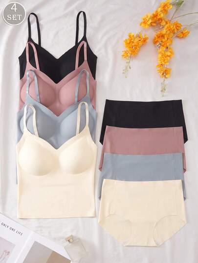 4pcs/Set Sujetador sin costuras de una pieza para mujer, tirantes ajustables cómodos, conjunto de top de tela de seda de hielo
