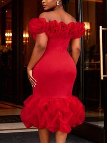 Plus Size Women's Red Off Shoulder Ruffle Fishtail Dress, Mesh Patchwork 3D Floral Elegant Fitted Dress For Evening Party Wedding Club - Red - View 3