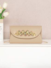 Niche Design Wavy Metal Hardware Daily Commute Date Outing Chain Crossbody Handbag - Apricot - View 1