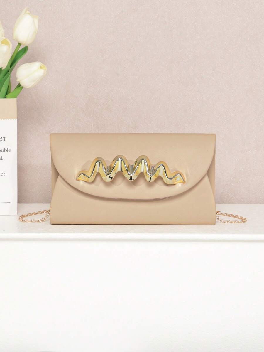 Niche Design Wavy Metal Hardware Daily Commute Date Outing Chain Crossbody Handbag - Apricot - View 1