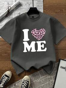 Kaos Lengan Pendek Motif Cinta, Atasan Kasual Longgar Serbaguna, Koleksi Musim Panas Terbaru - Dark Grey - View 5