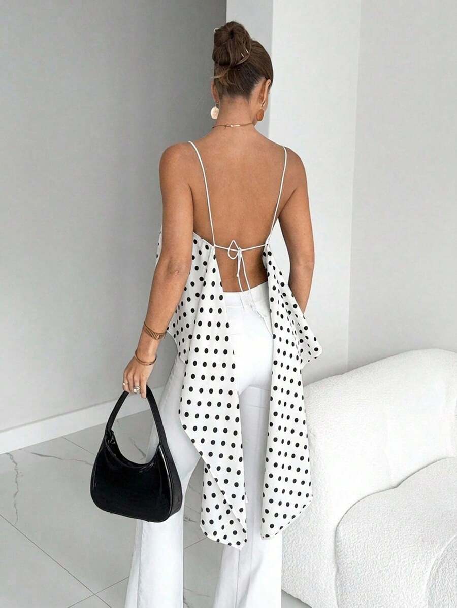 Camiseta sin espalda con estampado de lunares y nudo delantero, con bajo asimétrico, estilo de vacaciones de verano para mujer - Blanco - Ver 1