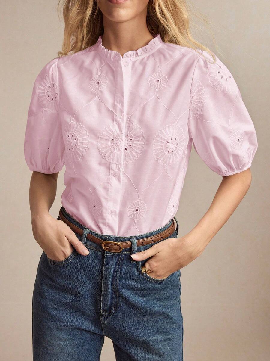 Camisa casual de nueva temporada primavera/verano con cuello de volantes, abotonadura frontal, bordado y mangas con diseño de pétalos.Versátil para múltiples ocasiones como oficina, trayecto, negocios, estilo Y2K - Rosa - Ver 1