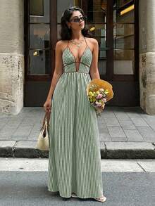 Vestido Cuello Halter Espalda Descubierta Rayas Disponible en Múltiples Colores - Verde Oscuro - Ver 8