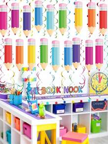 18pcs Back To School Hanging Rotating Decorations, Colorful Crayon Ceiling Hanging Ornaments, Welcome Back To School Pencil Party Decor, Suitable For Ceiling, Window, Mantel, Overhang, Doorway, Arch, Tree Branch, Hallway On The First Day Of School - Multicolor - View 5