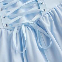 WNS  MOD Vestido vintage con cuello de corazón, cruzado en la cintura, con volantes en el borde y bajo asimétrico, unicolor, para graduación en blanco - Azul y blanco - Ver 4