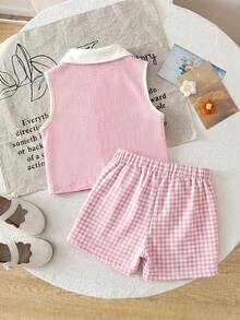 2pcs/Set Girls Sweet Energetic School Style Contrast Color Polo Collar Strawberry Decor Sleeveless Tank Top And Plaid Skirt Shorts Set, Thin Spring/Summer - Pink - View 3