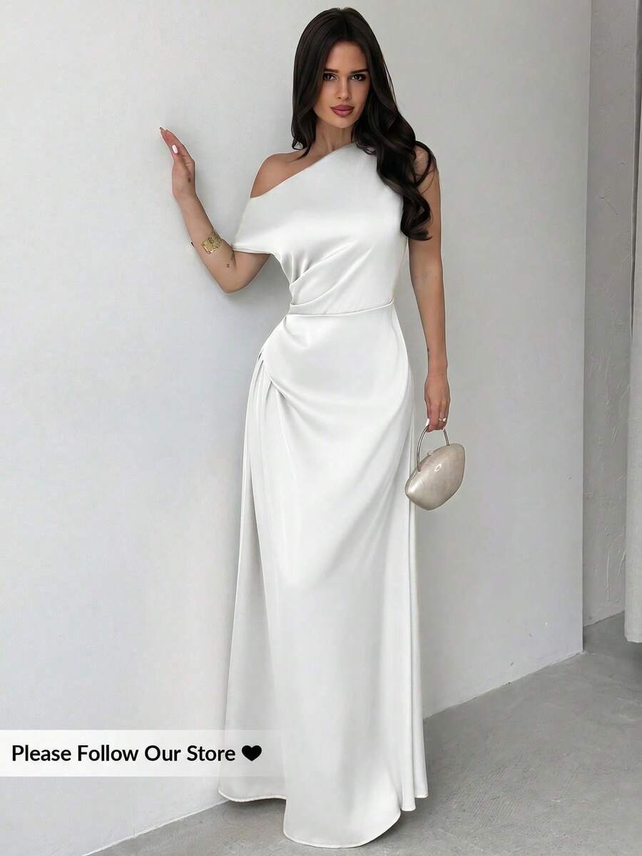 YkhahaFirerie Vestido elegante asimétrico de hombro con pliegues y bajo de cola de sirena en color verde, adecuado para citas, vacaciones, bodas, eventos, regreso a la escuela, graduación, vestido de dama de honor formalYkhaha - Blanco - Ver 1