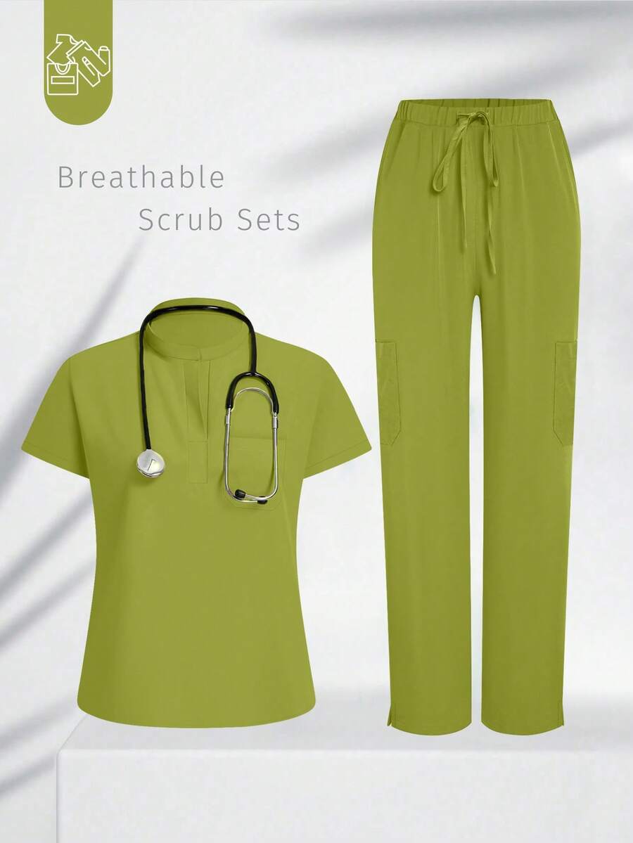 Women's Short Sleeve Scrub Top And Pants Set, Dental Hospital Scrub Set, Laboratory Hospital Pet Care Fall - Lime Green - View 1