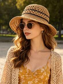 1pc Polyester Bohemian Straw Hat, Fashion New Brim Design, Breathable Outdoor Sun Protection Hat, Suitable For Daily Outdoor Use - Multicolor - View 6