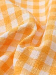 2pcs/Set Women's Comfortable Dual-Color Plaid Print Short Sleeve Collared Top And Bow Shorts Pajama Set, Spring/Summer - Orange - View 6
