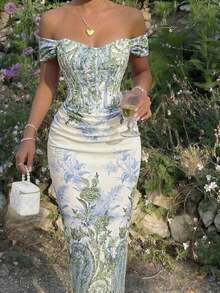 Women's Off-The-Shoulder Fitted Dress With Ruching And Floral Print - 彩色 - 查看 1