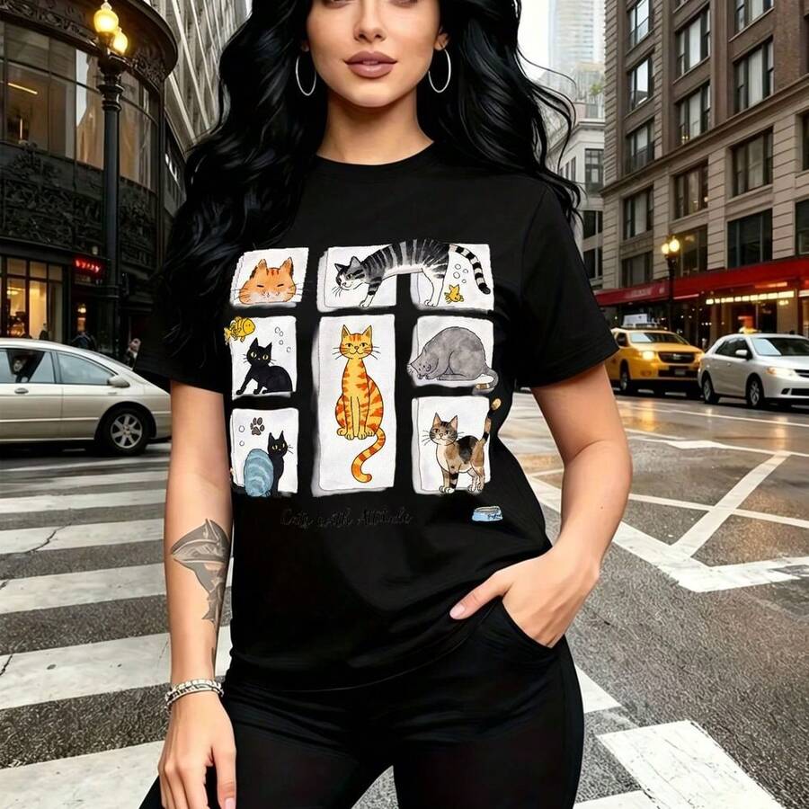 Camiseta de mujer con estampado de nueve gatitos adorables en pose variada y colorida - camiseta casual de manga corta, ajuste cómodo y fresco, estilo urbano y divertido - ideal para paseos por la ciudad, salidas casuales y regalo perfecto para mamá, - Negro - Ver 1