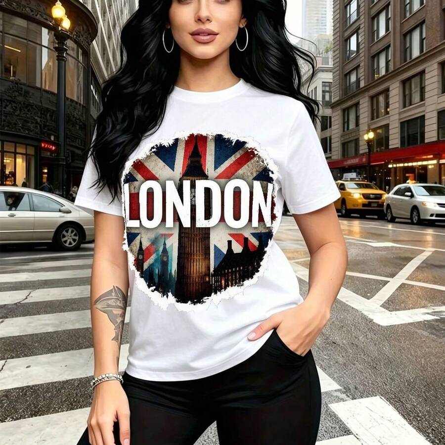 Camiseta de mujer con estampado circular desgarrado de Londres, bandera Union Jack y Big Ben en blanco - camiseta casual de manga corta con ajuste cómodo y estilo urbano moderno - ideal para paseos por la ciudad, salidas con amigas y regalo perfecto - Blanco - Ver 1