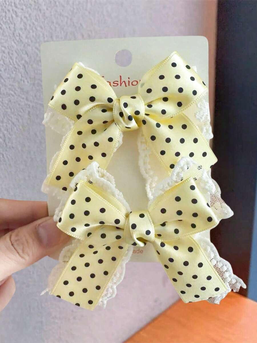 2pcs Polka Dot Lace Pearl Bow Clip, Versatile Daily Wear Accessory, Spring/Summer - Yellow - View 1