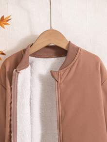 Boys' Casual Solid Color Zip-Up Raglan Long Sleeve Fleece Jacket Outerwear, Autumn/Winter - Camel - View 3