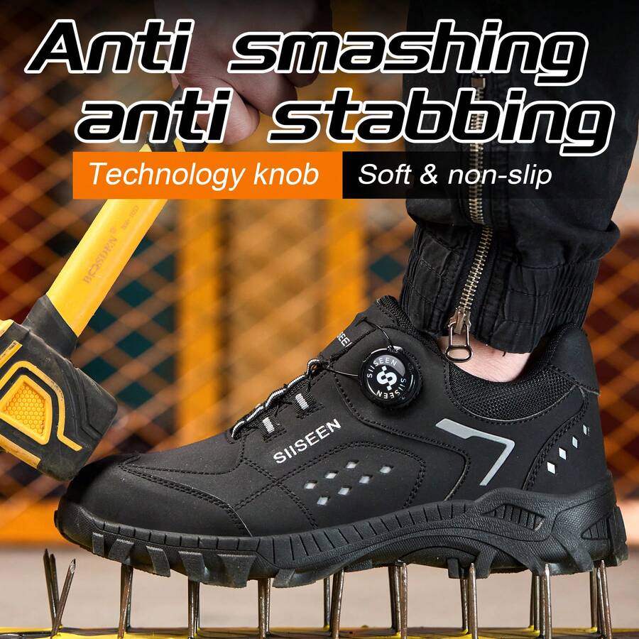 SIISEEN Men's Safety Shoes Feature A Shock-Absorbing Steel Toe Cap, Puncture-Resistant Kevlar Material, Non-Slip Rubber Sole, And A Stylish Button Design, Making Them Suitable For Outdoor Work.