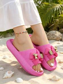 Summer Women's Slip-On Sandals, With Golden Little Bear Bow Decoration, Comfortable And Versatile Casual Open-Toe EVA Flip-Flops, Suitable For Beach, Seaside, Vacation, Pool Party, Indoor And Outdoor Women's Shoes. Y2K Women Slippers. - 玫紅色 - 查看 4