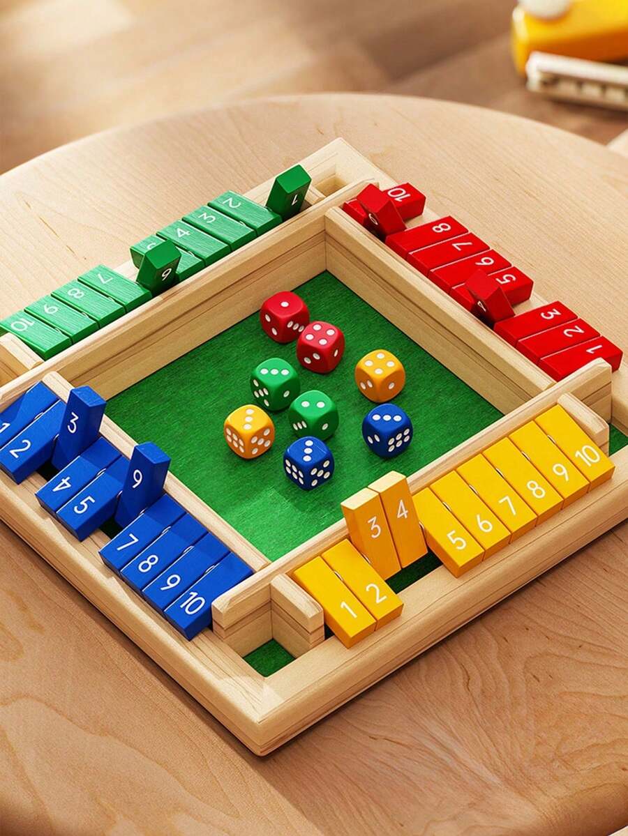 1件裝木製 Shut The Box 遊戲,適合2-4人玩,大尺寸四面棋盤附8顆骰子與說明書,趣味加法數學遊戲,適合所有年齡 - 彩色 - 查看 1