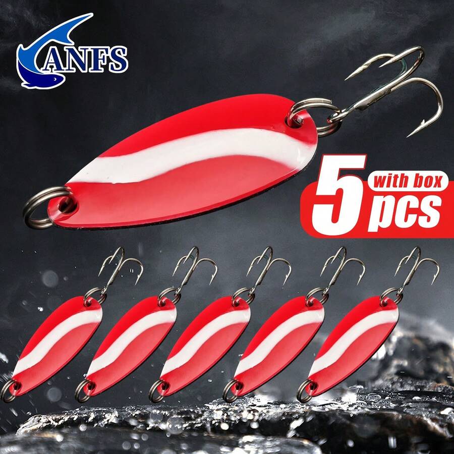 ANFS 5pcs Metal Fishing Lures - Rotating Lures With Portable Storage Box, Hard Metal Lures, Spoon-Shaped Blade Fishing Lure Set - Multicolor - View 1