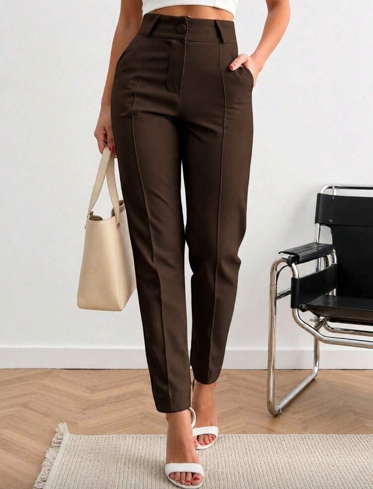 Women's Tailored Trousers, Social Casual, High-Waisted, Elegant And Comfortable, With Pockets And Covered Button. - Rust Brown - View 4