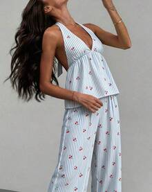 Conjunto de 2 piezas para mujer: top halter sin espalda de color sólido y pantalones de pierna ancha para vacaciones de verano. - Azul - Ver 9