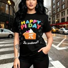 Camiseta de mujer con estampado divertido de Pi Day y frase "Be irrational" - diseño colorido con tarta, símbolo matemático y letras vibrantes, estilo casual y urbano para calles de la ciudad - ajuste cómodo y fresco, ideal para celebraciones temátic - Negro - Ver 1