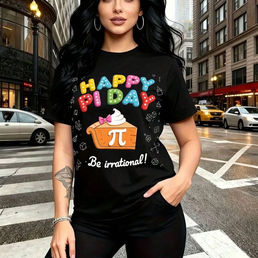 Camiseta de mujer con estampado divertido de Pi Day y frase "Be irrational" - diseño colorido con tarta, símbolo matemático y letras vibrantes, estilo casual y urbano para calles de la ciudad - ajuste cómodo y fresco, ideal para celebraciones temátic - Negro - Ver 1