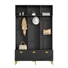 Wardrobe Set With Bench, Multifunctional Storage Bench, Open Storage, 6 Hooks And Gold Legs, Suitable For An Entryway Or Living Room, White, W 120/D 40/H 191.5 Cm - Black - View 1