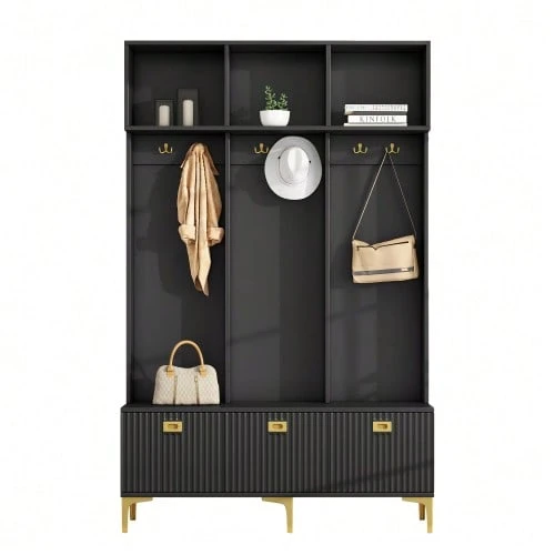 Wardrobe Set With Bench, Multifunctional Storage Bench, Open Storage, 6 Hooks And Gold Legs, Suitable For An Entryway Or Living Room, White, W 120/D 40/H 191.5 Cm - Black - View 1