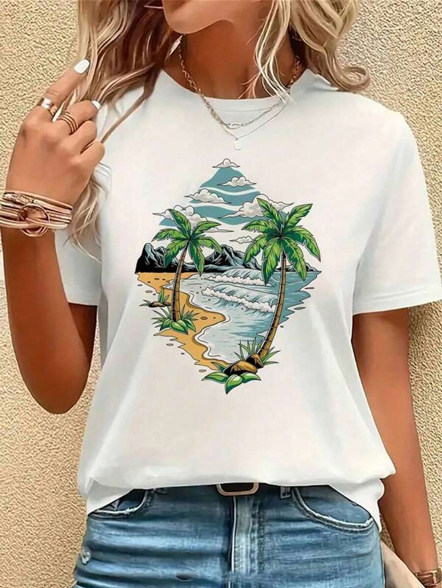 Ropa de mujer moda túnica de cuello redondo con estampado tropical de palmeras y olas del mar, lavable, cómoda y transpirable, talla única de S a 3XL, regalo perfecto para cumpleaños y ocasiones especiales.