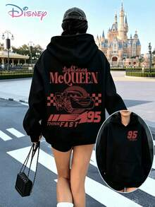 Disney Cars Lightning McQueen Hoodie, Casual Loose-Fit Sweatshirt With "Think Fast" Checkered Flag Print, Neutral Fall/Winter Pullover, Race Car Graphic Top For Everyday Wear & Holiday Gifting - 黑色 - 查看 1