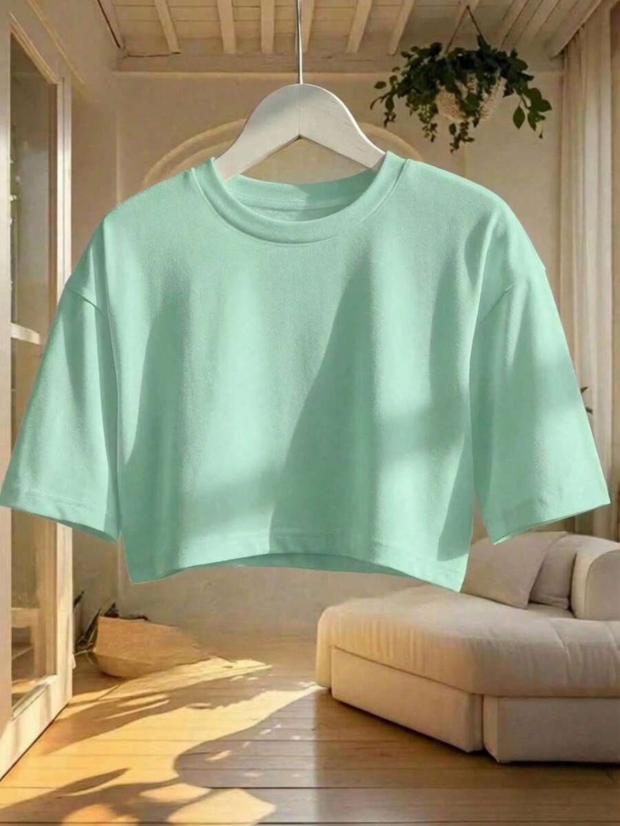 Blusa de mujer de corte holgado, cuello redondo, manga corta, casual, adecuada para primavera y verano, con estilo minimalista, elegante y sexy Y2K, apta para uso diario, oficina, hogar y exteriores, color negro - verde menta - Ver 1