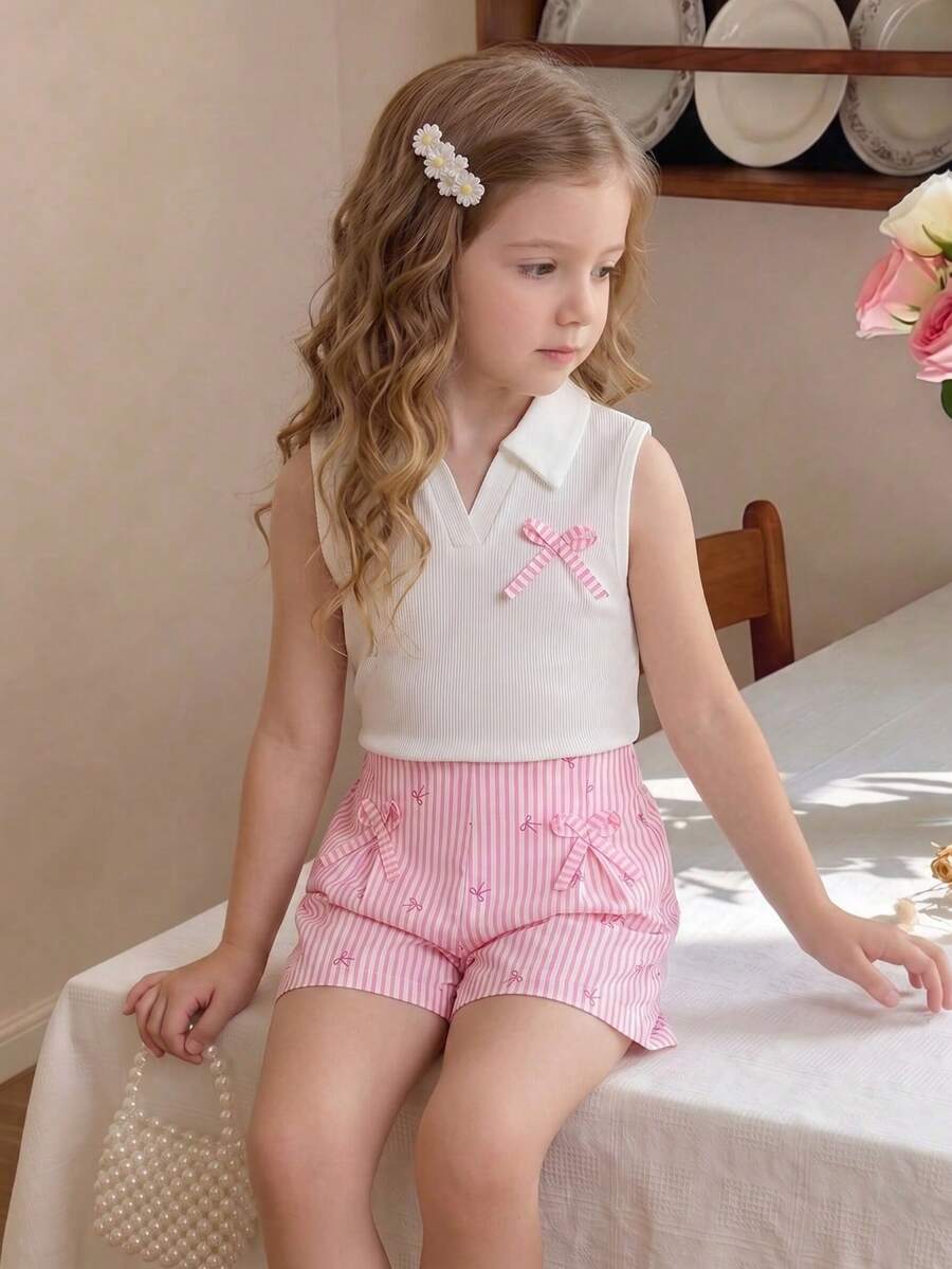 Setelan Rompi Tanpa Lengan Bertekstur Ribbed + Celana Pendek Bermotif Pita Ribbed Warna Pink untuk Anak Perempuan, Pakaian Kasual Lucu 2 Potong untuk Anak Perempuan, Musim Semi/Panas - Berwarna merah muda - View 1