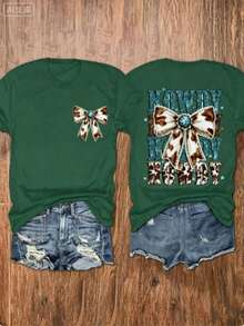 Western Tops Women, Turquoise Bow-Knot Print Round Neck Short Sleeve Top, Gift For Mom, Western Cowgirl Style, Country Outfit, Summer Cowboy Tee, Free Shipping - 綠色 - 查看 3