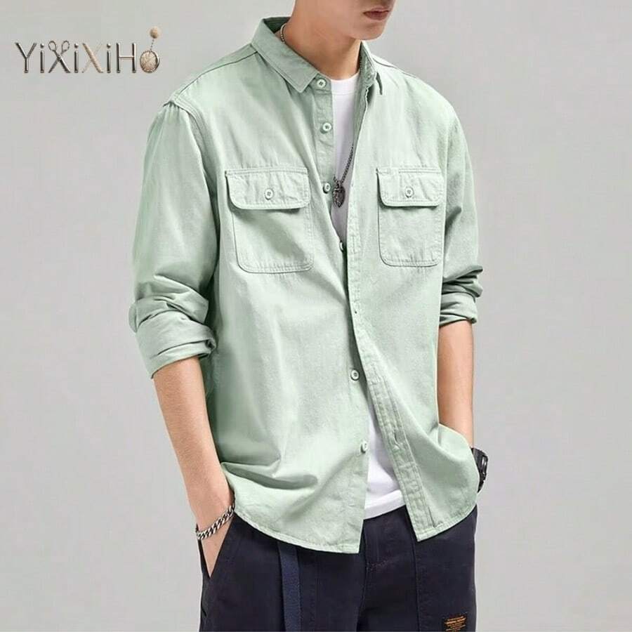 【YIXIXIHO】アメリカンレトロ ブラック ウォッシュ ワークシャツ メンズ 春秋 長袖 シャツ 無地 アウター メンズ服送料無料 - 灰緑色 - チェックする 1