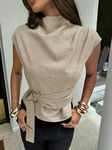 Camisa de manga corta beige, camisa formal de estilo vintage minimalista y elegante para ir a la oficina - Caqui 3 - Ver 1
