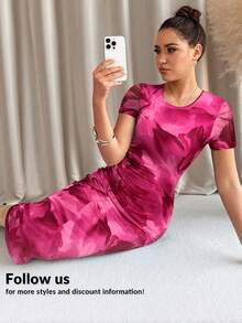 Vestido de mujer de manga corta con cuello redondo y estampado floral verde - Rosa Fucsia - Ver 1