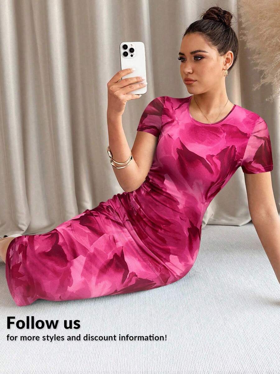Vestido de mujer de manga corta con cuello redondo y estampado floral verde - Rosa Fucsia - Ver 1