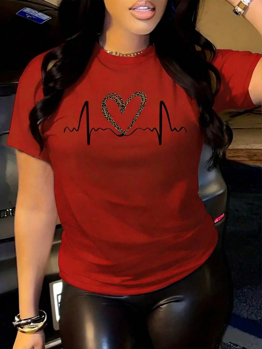 Camiseta de mujer de verano con mangas cortas, diseño impreso simple y cuello redondo - Rojo - Ver 1