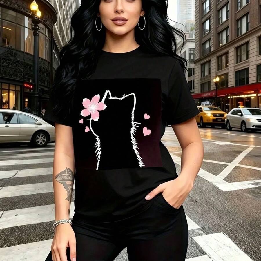Camiseta de mujer con estampado de silueta de gato blanco, flores rosas y corazones sobre fondo oscuro - camiseta casual de manga corta con ajuste cómodo y estilo urbano moderno - ideal para paseos por la ciudad, encuentros casuales y regalo perfecto - Negro - Ver 1