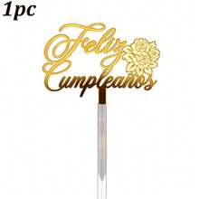 1個/3個金色壓克力「Feliz Cumpleaños」蛋糕插牌，金色鏡面壓克力蛋糕裝飾插片，附花朵與蝴蝶飾件，西班牙文生日派對用品 - 多色 - 查看 17