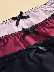 3piezas/Set Bragas triangulares de talla grande con patchwork de encaje y unicolor, exquisitos laterales de encaje con combinación de satén suave, detalle de lazo sexy maduro, bragas triangulares juguetonas para mujeres de talla grande - Multicolor - Ver 3
