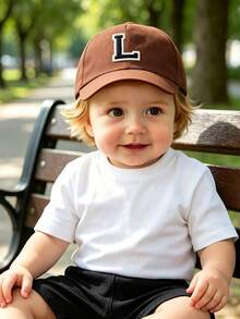 1Pc Kids Coffee Brown Baseball Cap With Letter A-Z Patch Gold Outline, Sun Protection Adjustable Hat For Ages 1-3Y - Brown - View 3