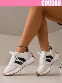 2026 New Women's Thick Sole Sneakers, Lace-Up Casual Chunky Sneakers, Breathable Patchwork Platform Shoes For Spring/Summer - White - View 4