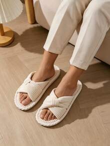 Women's Home Use Slip-On Shoes, Open-Toe, Breathable, Thin-Soled, Cross-Strap, Casual And Versatile Soft Floor Slippers, Women's Corduroy Slippers Suitable For Both Home And Outdoor Use - 米色 - 查看 4