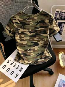1pc Women's Summer Fashionable Camouflage Print Fitted Short Sleeve T-Shirt, Retro Y2K Style, Suitable For Street, Office, School, Casual Daily, Date, Gathering, Party And Other Occasions - Army Green - View 2
