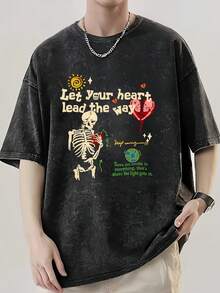 Camicia estiva oversize da uomo con stampa teschio-cuore-lettera, spalle scese, tessuto pesante di alta qualità, look vintage, lavata, in puro cotone, collo rotondo, stile street, top oversize street life. - nero - Visualizzare 1